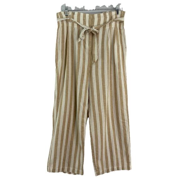 J Crew Womens Sz 6 Tan & White Stripe Linen Blend Paper Bag Waist Wide Leg Pants - Picture 1 of 7